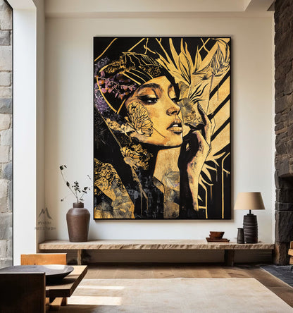 Abstract female wall art, colorful modern female canvas print, colorful abstract female canvas painting, modern female wall decoration, black painting, large yellow abstract painting,