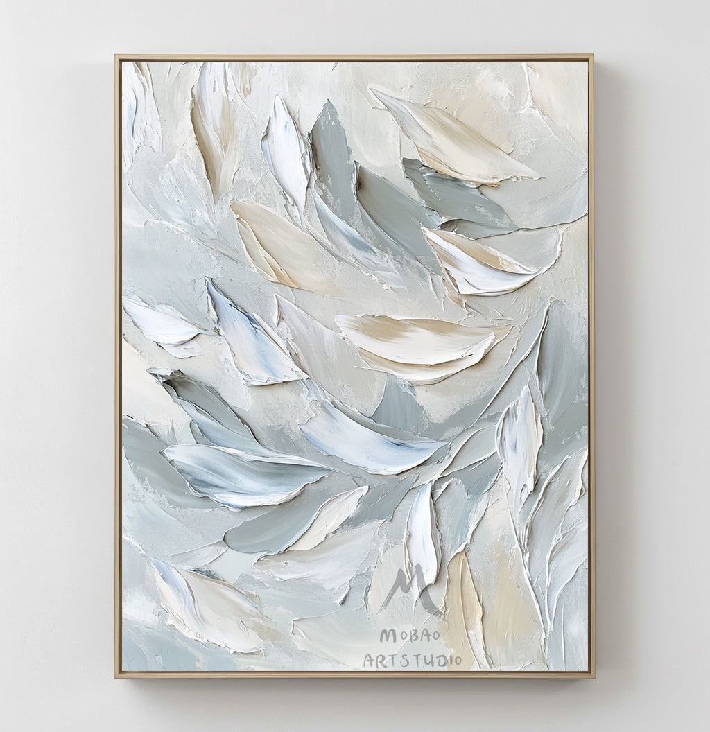 White painting, gray heavy texture painting, original abstract painting, gold 3D canvas art, white texture painting