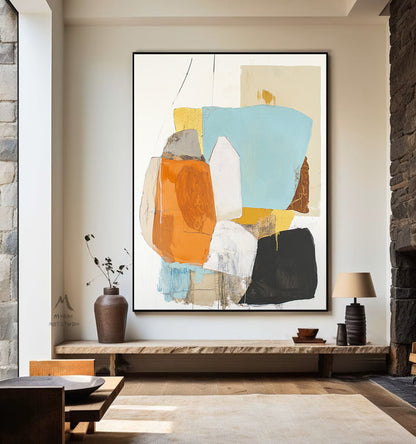 Original large-scale abstract painting, light blue painting, orange painting, black and white minimalist abstract painting, large-scale wall oil painting.