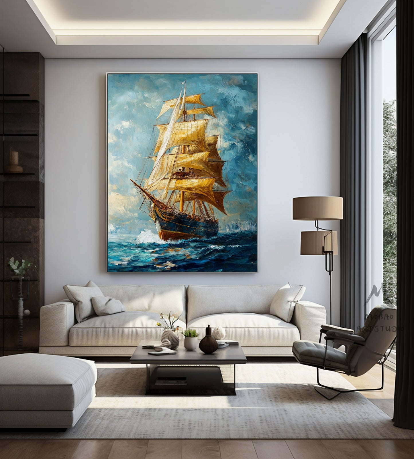 Long journey ahead, setting sail, sailing sailboat painting, original large-scale 3D painting, blue wall decoration painting.