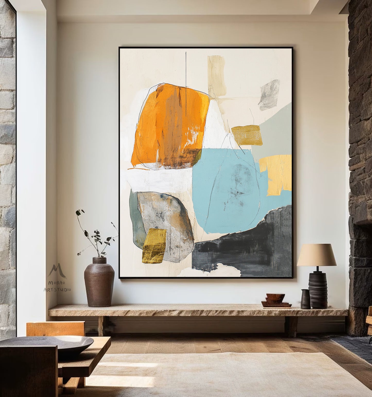 Original minimalist painting, beige abstract painting, large yellow abstract painting, black painting, light blue large wall canvas painting