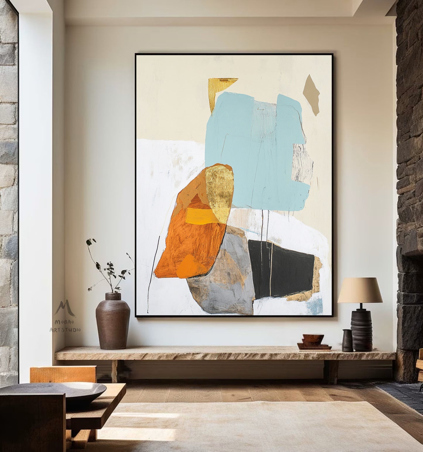 Original minimalist painting, beige abstract painting, large yellow abstract painting, black painting, light blue large wall canvas painting