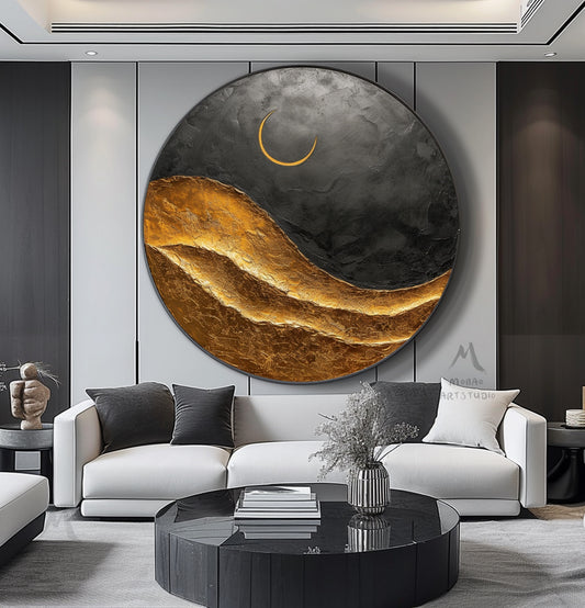 Large Circle Gold Abstract Painting,Black Abstract Painting,Gold Abstract Painting,Circle abstract painting On Canvas,Large wall art Decor painting