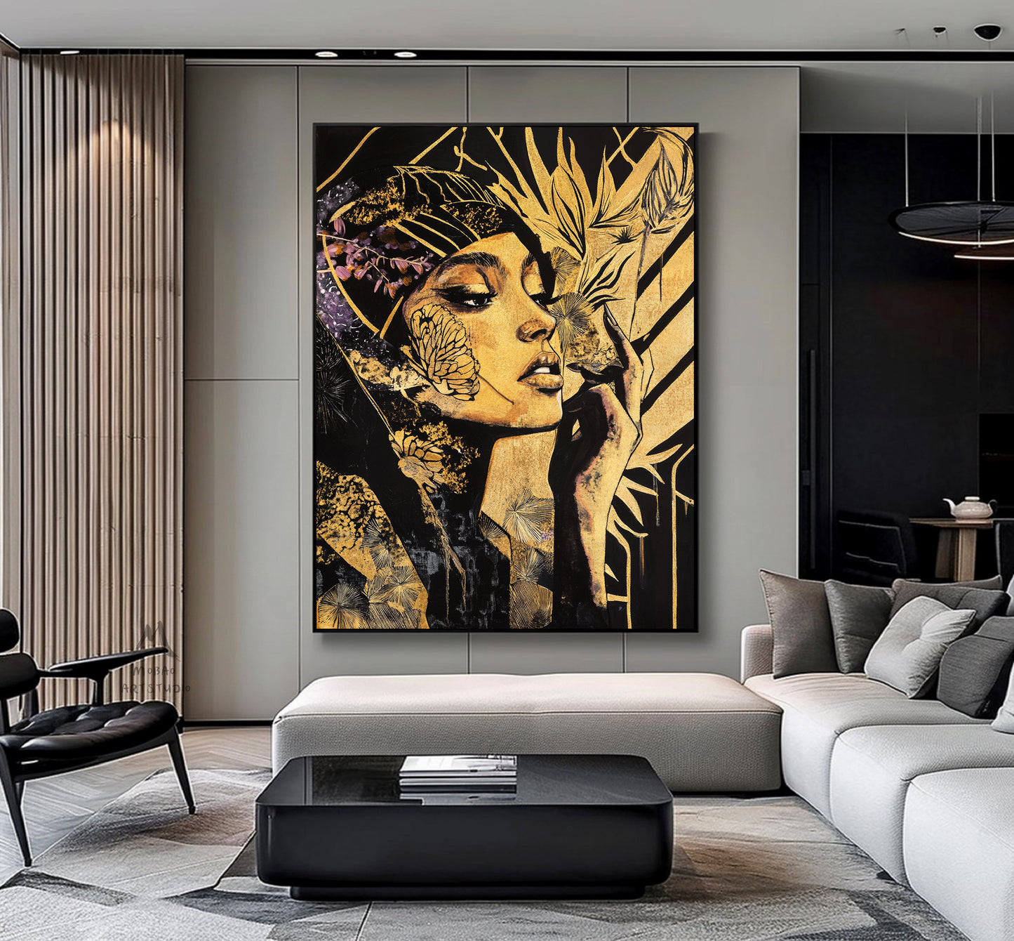 Abstract female wall art, colorful modern female canvas print, colorful abstract female canvas painting, modern female wall decoration, black painting, large yellow abstract painting,