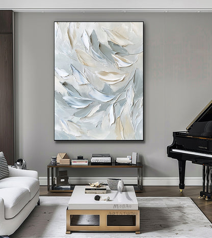 White painting, gray heavy texture painting, original abstract painting, gold 3D canvas art, white texture painting