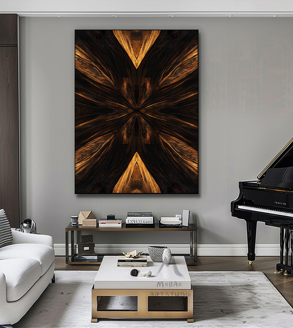 Golden 3D painting, golden texture painting, black abstract painting, black texture painting, golden modern abstract painting.