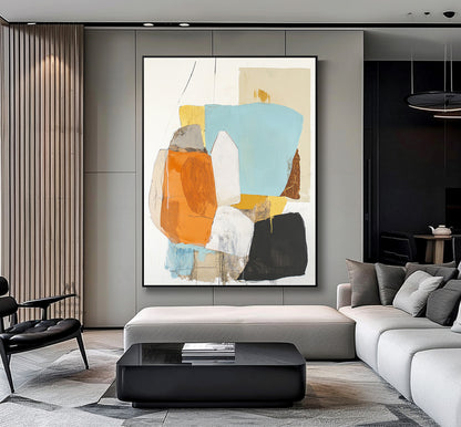 Original large-scale abstract painting, light blue painting, orange painting, black and white minimalist abstract painting, large-scale wall oil painting.
