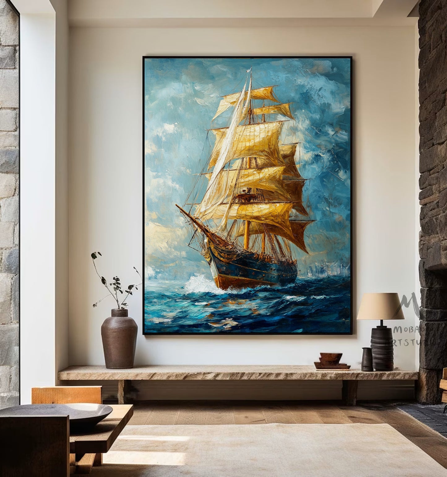 Long journey ahead, setting sail, sailing sailboat painting, original large-scale 3D painting, blue wall decoration painting.