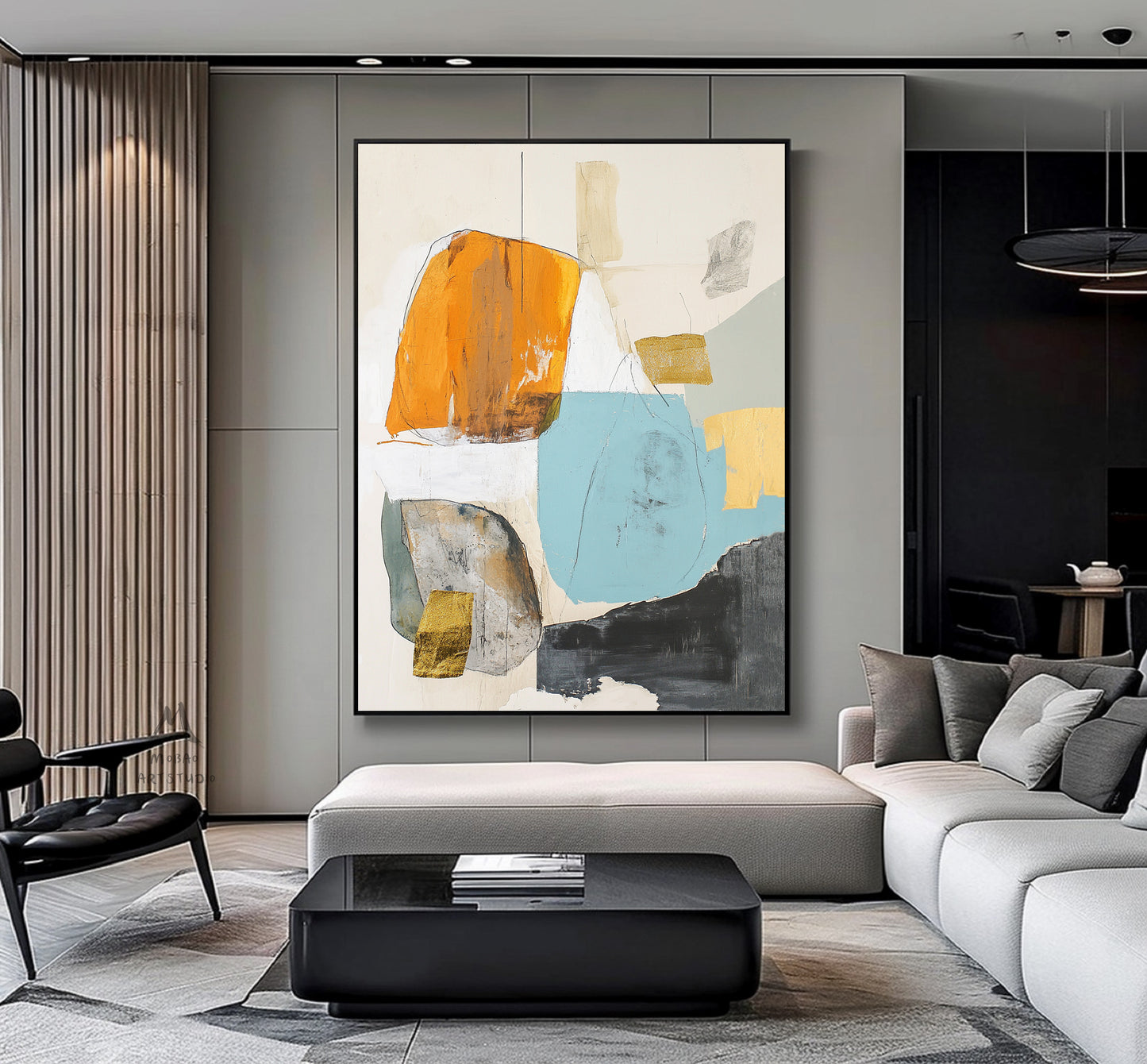 Original minimalist painting, beige abstract painting, large yellow abstract painting, black painting, light blue large wall canvas painting