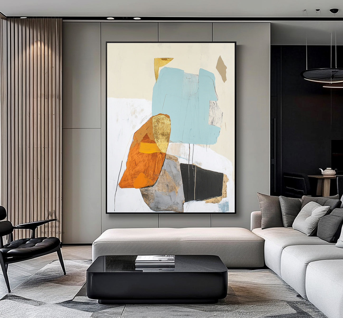 Original minimalist painting, beige abstract painting, large yellow abstract painting, black painting, light blue large wall canvas painting