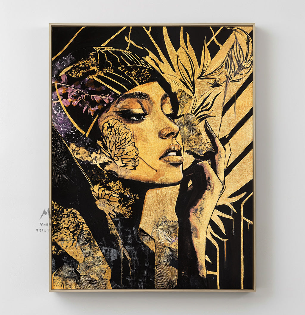 Abstract female wall art, colorful modern female canvas print, colorful abstract female canvas painting, modern female wall decoration, black painting, large yellow abstract painting,