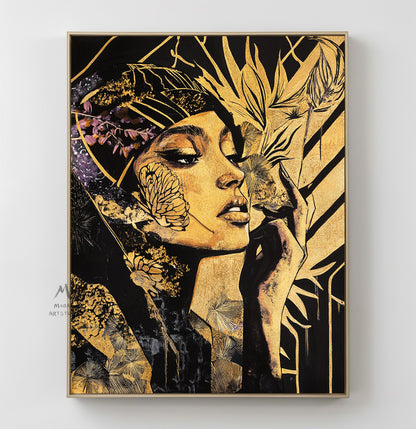 Abstract female wall art, colorful modern female canvas print, colorful abstract female canvas painting, modern female wall decoration, black painting, large yellow abstract painting,