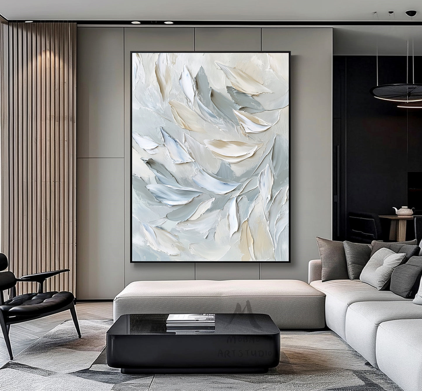 White painting, gray heavy texture painting, original abstract painting, gold 3D canvas art, white texture painting