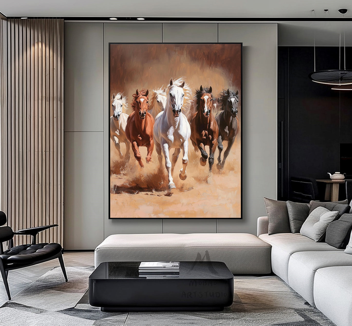 Horse art poster - white horse - realistic animal painting - black horse is suitable for living room, equestrian room decoration, or as a gift. Islamic Mother Power