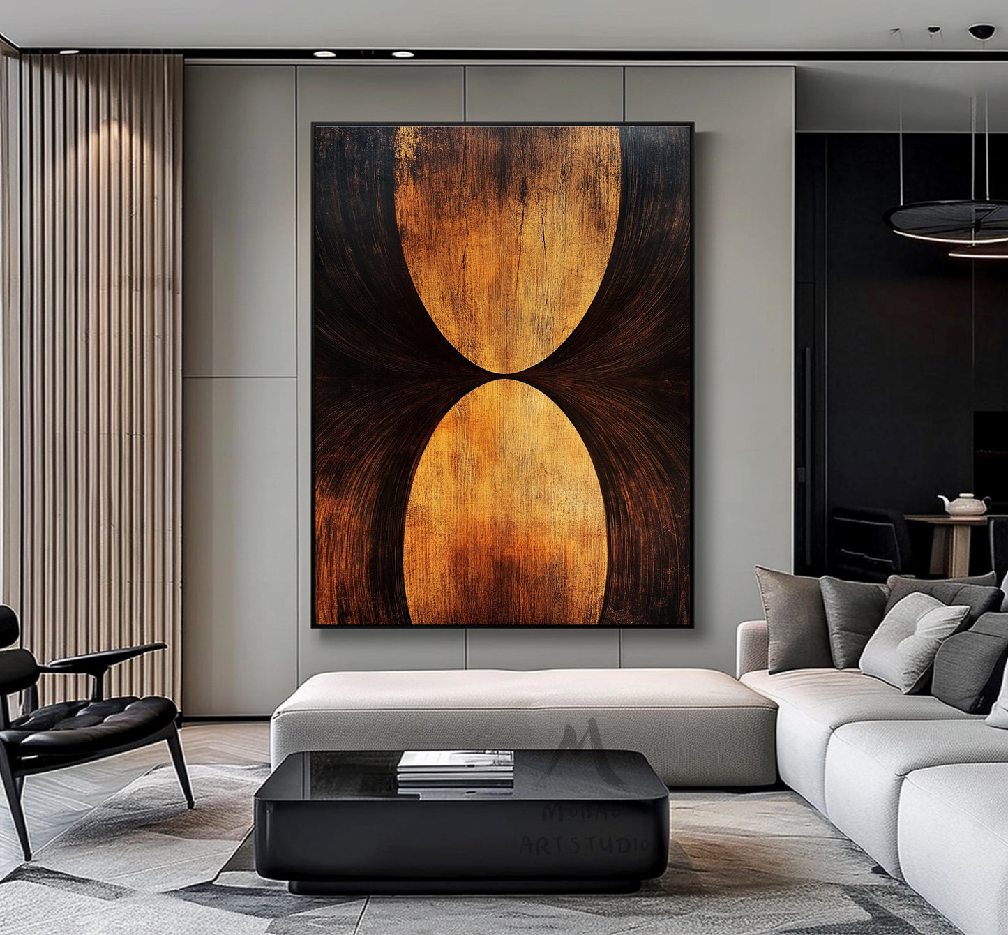 Golden 3D painting, golden texture painting, black abstract painting, black texture painting, golden modern abstract painting.