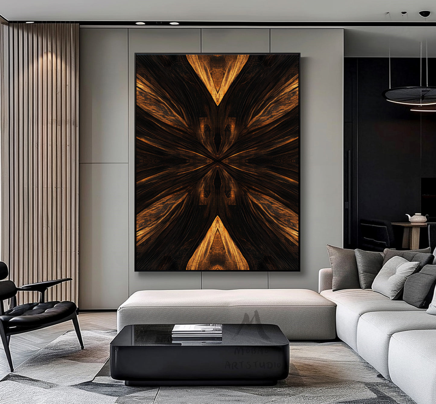 Golden 3D painting, golden texture painting, black abstract painting, black texture painting, golden modern abstract painting.