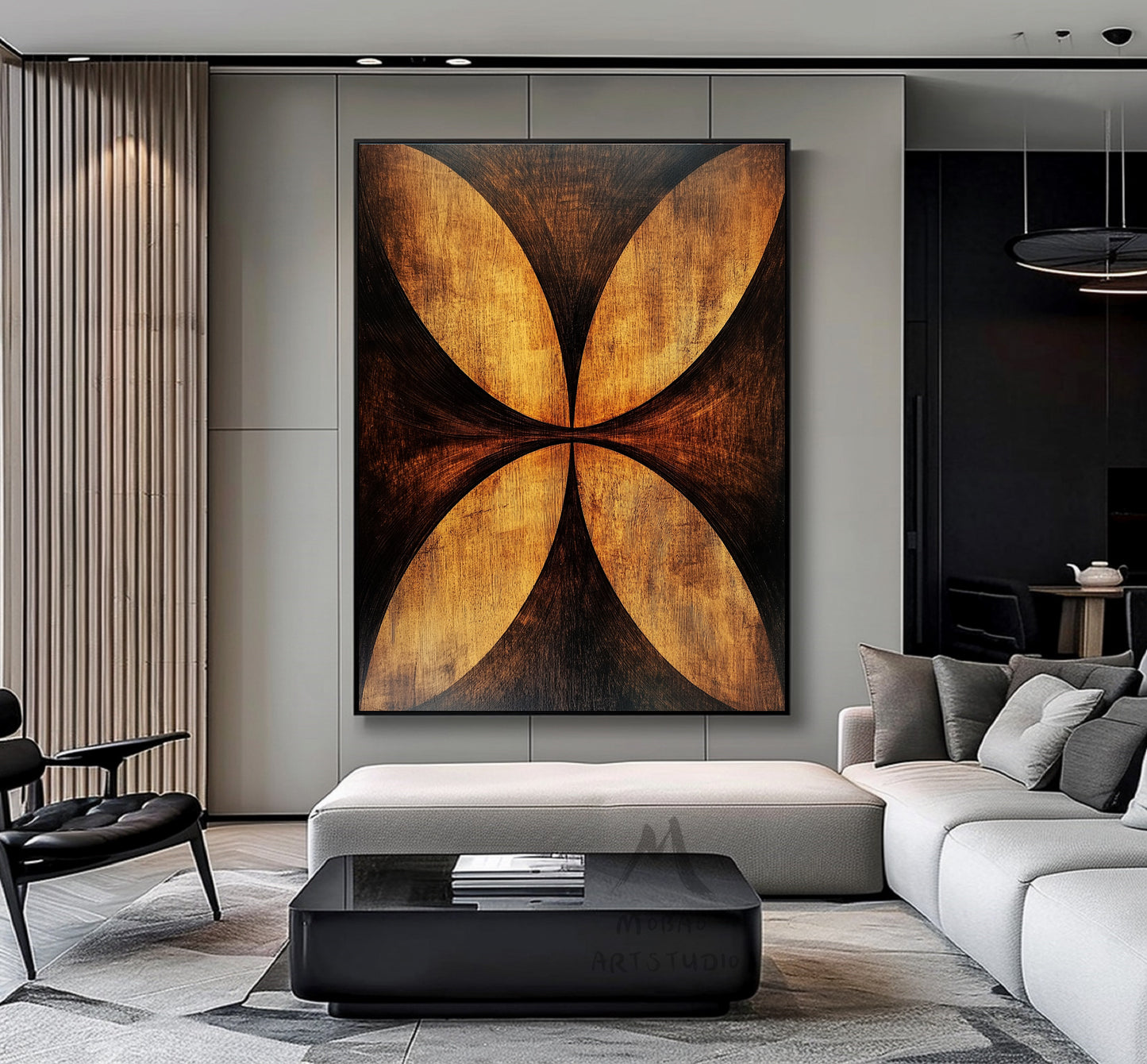 Golden 3D painting, golden texture painting, black abstract painting, black texture painting, golden modern abstract painting.