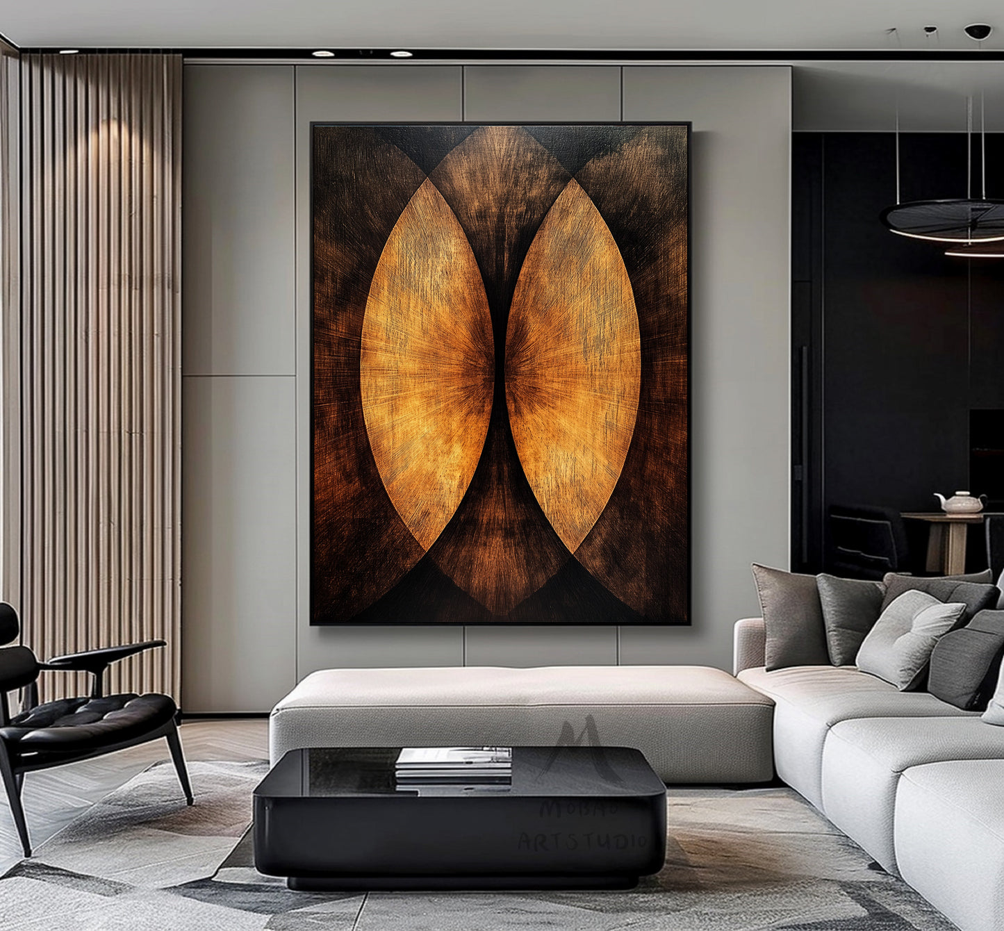 Golden 3D painting, golden texture painting, black abstract painting, black texture painting, golden modern abstract painting.
