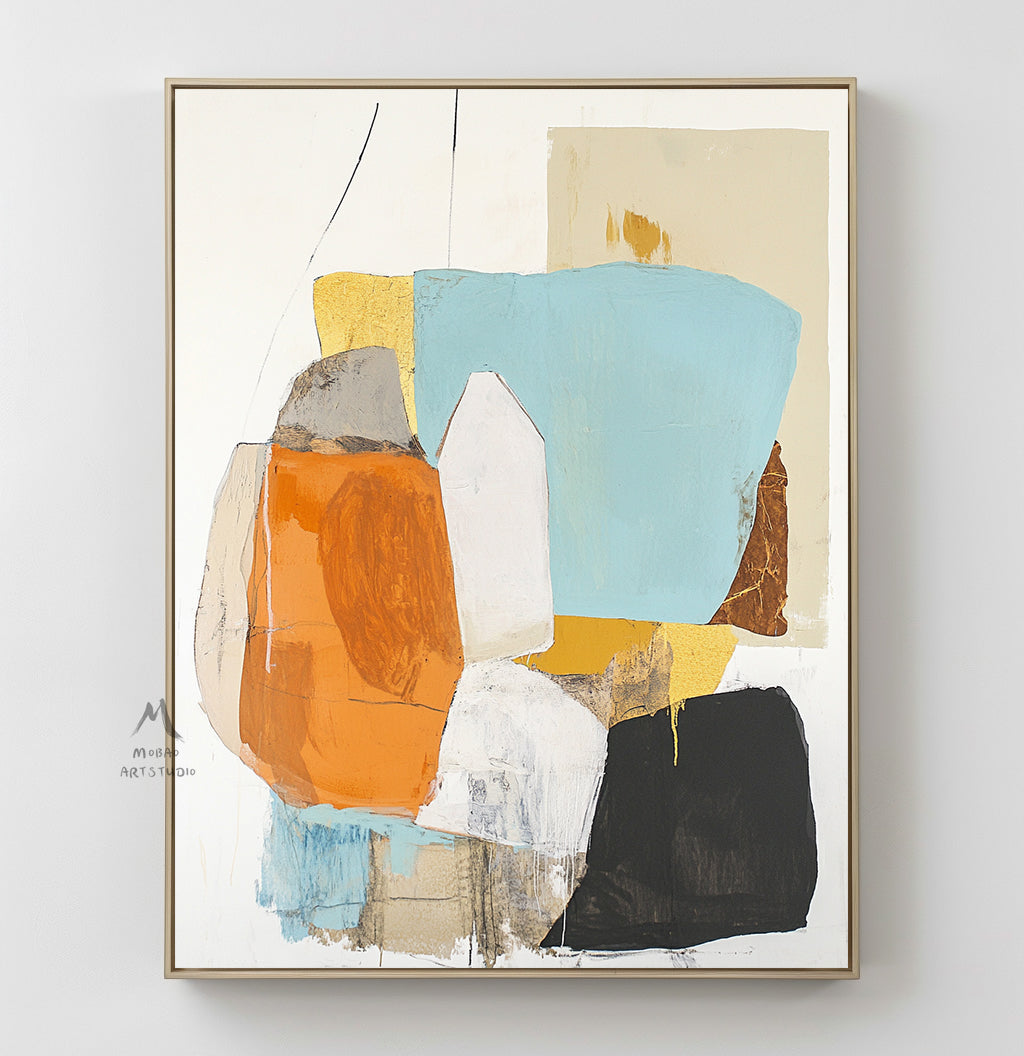 Original large-scale abstract painting, light blue painting, orange painting, black and white minimalist abstract painting, large-scale wall oil painting.