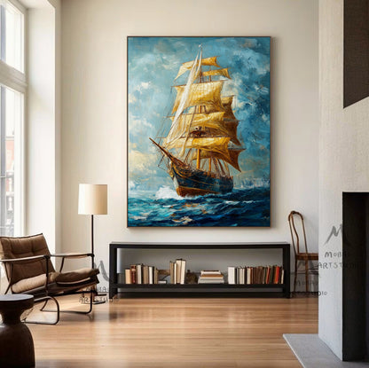 Long journey ahead, setting sail, sailing sailboat painting, original large-scale 3D painting, blue wall decoration painting.