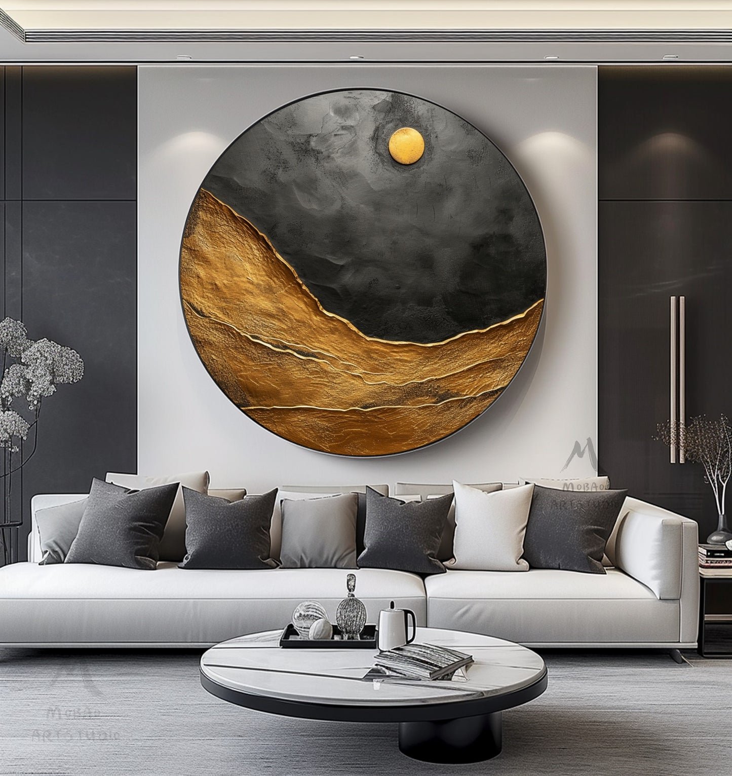 Gold Abstract Art Circle Painting Black Textured Wall Art Beige Circle Abstract Painting Circle Beige Abstract Art