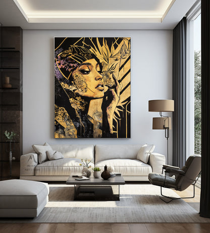 Abstract female wall art, colorful modern female canvas print, colorful abstract female canvas painting, modern female wall decoration, black painting, large yellow abstract painting,