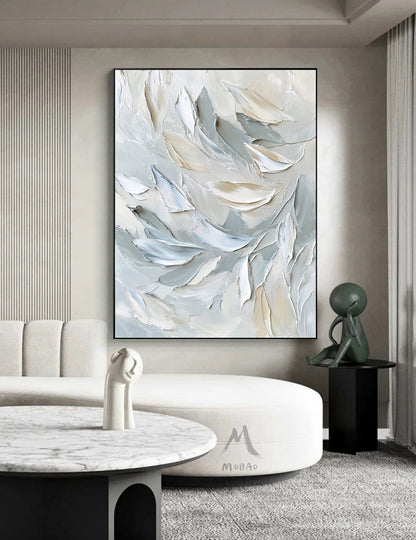 White painting, gray heavy texture painting, original abstract painting, gold 3D canvas art, white texture painting