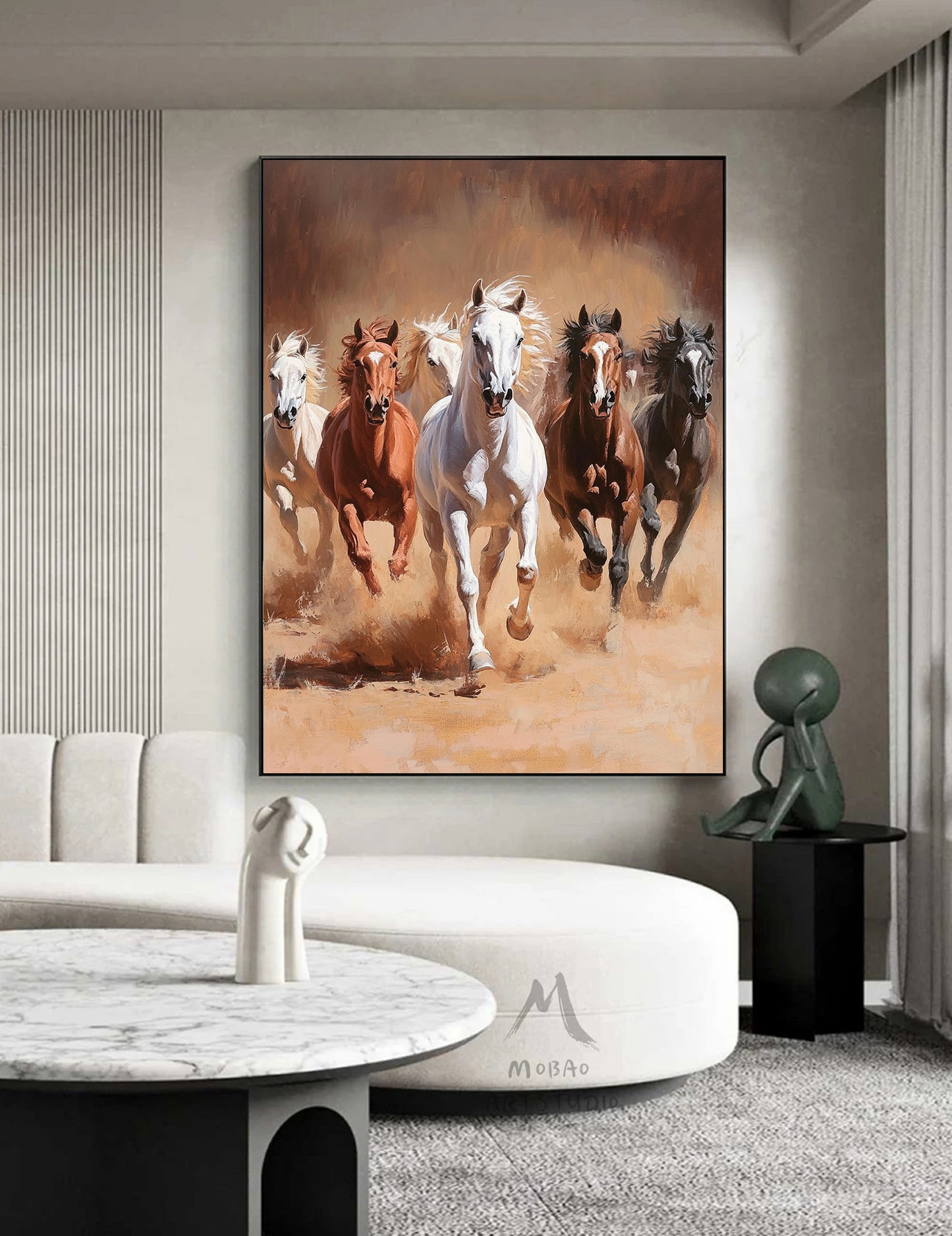 Horse art poster - white horse - realistic animal painting - black horse is suitable for living room, equestrian room decoration, or as a gift. Islamic Mother Power