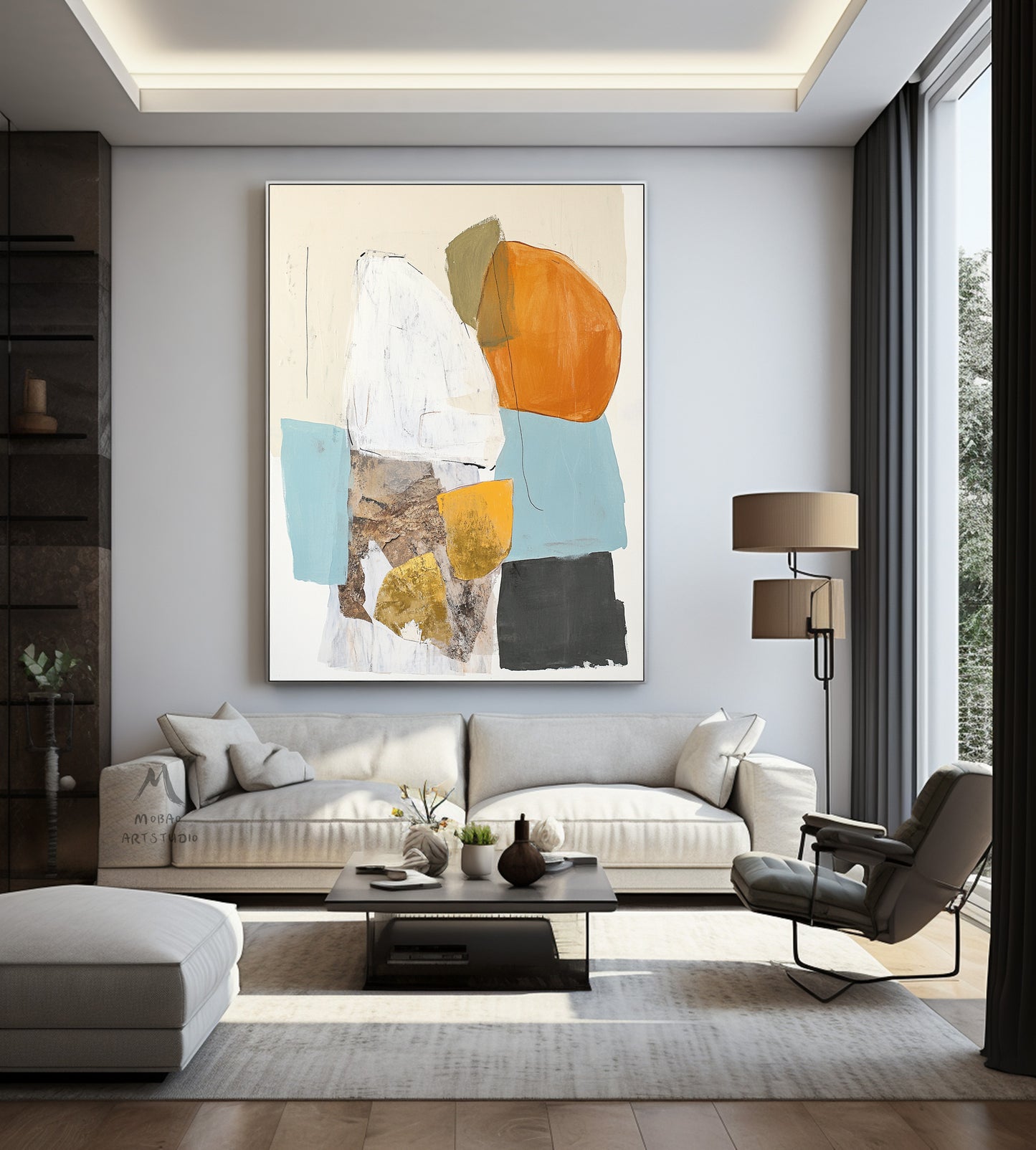Original abstract painting, large beige abstract painting, orange minimalist painting, blue modern wall decoration painting, white abstract painting