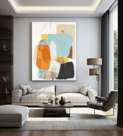 Original large-scale abstract painting, light blue painting, orange painting, black and white minimalist abstract painting, large-scale wall oil painting.