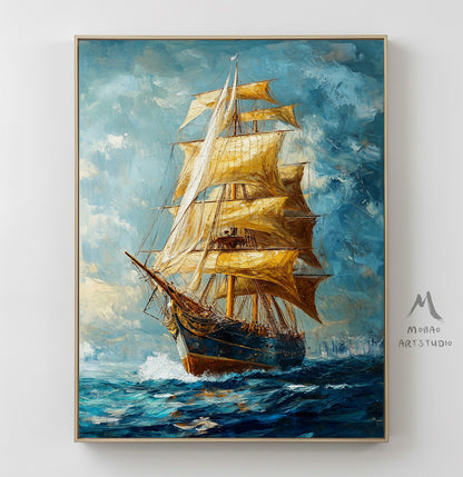 Long journey ahead, setting sail, sailing sailboat painting, original large-scale 3D painting, blue wall decoration painting.