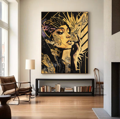 Abstract female wall art, colorful modern female canvas print, colorful abstract female canvas painting, modern female wall decoration, black painting, large yellow abstract painting,