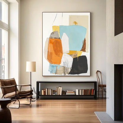 Original large-scale abstract painting, light blue painting, orange painting, black and white minimalist abstract painting, large-scale wall oil painting.