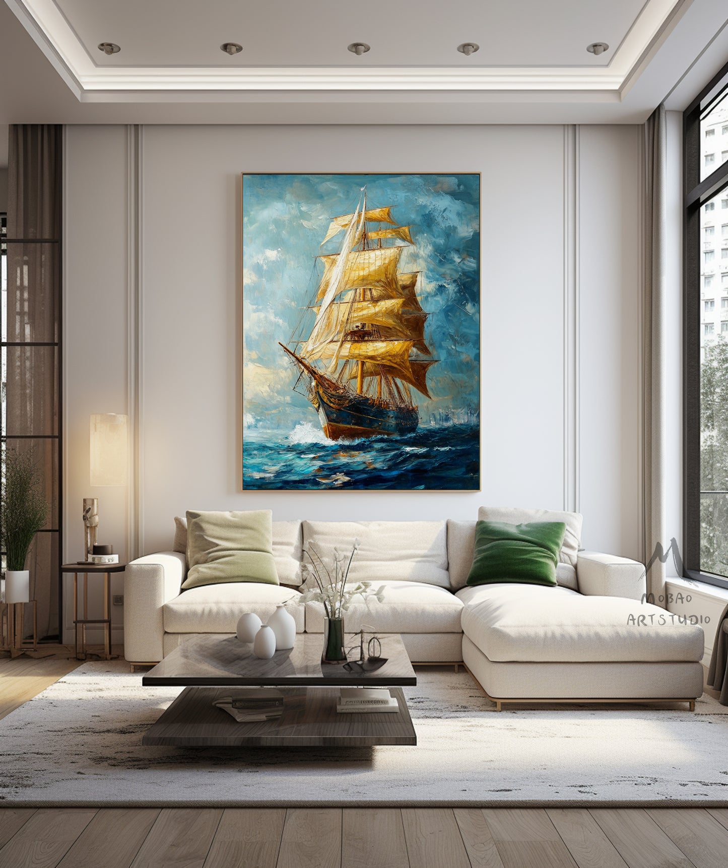 Long journey ahead, setting sail, sailing sailboat painting, original large-scale 3D painting, blue wall decoration painting.