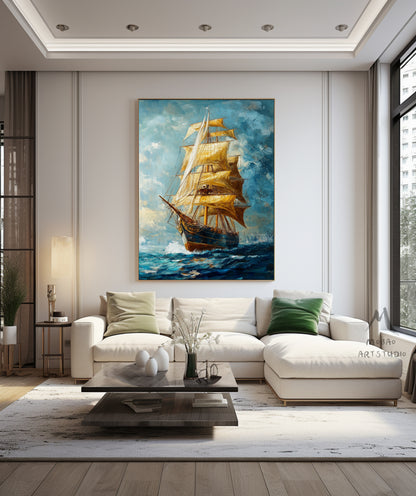 Long journey ahead, setting sail, sailing sailboat painting, original large-scale 3D painting, blue wall decoration painting.