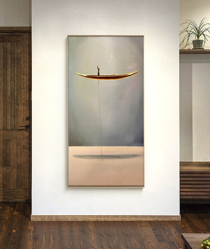 An abstract painting of a floating canoe,Abstract oil painting artwork Sailboat painting Wooden tall ship,Sky art oil painting Boat painting