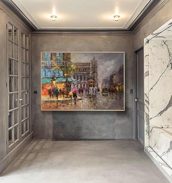 Original Paris city art painting on Canvas,Large wall art Paris City Landscape Oil On Canvas,People walking in the bustling streets of Paris