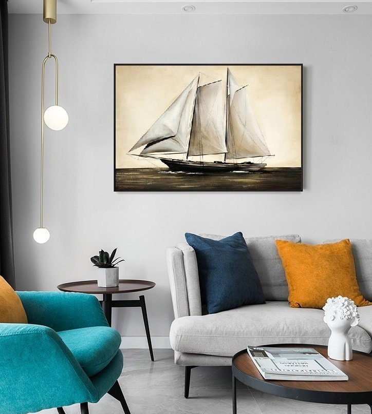 Sailing Oil painting by hand Artwork,Original oil painting of large sailing vessel sailing on the sea,Nautical oil painting art on Canvas