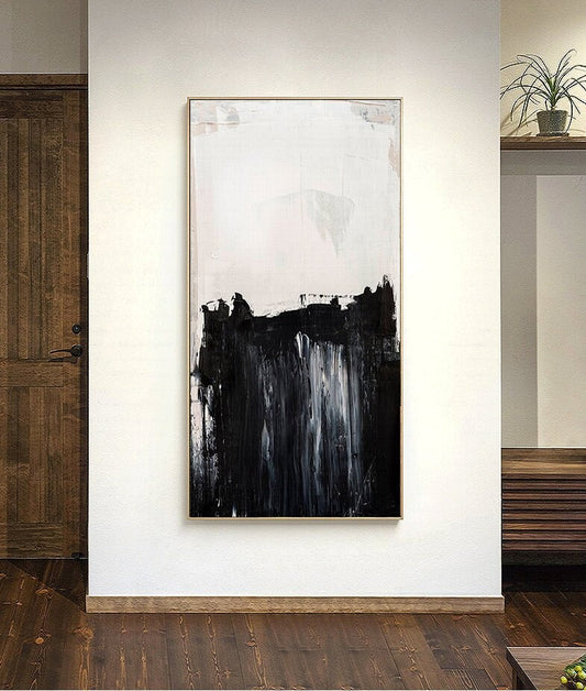 Large Black and whit abstract oil painting, Minimalist abstract painting, Scenes of people fishing on the cliffs were painted on canvas