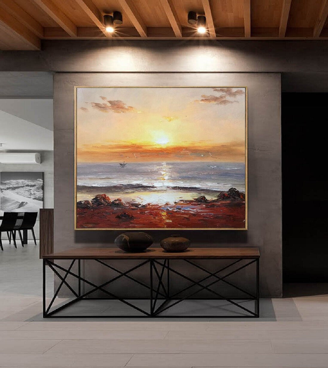 Large Contemporary Art,Sunset Landscape Abstract Painting Gold Painting,Sea Painting On Canvas,Abstract Wall Art,Rich Texture Painting