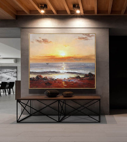 Large Contemporary Art,Sunset Landscape Abstract Painting Gold Painting,Sea Painting On Canvas,Abstract Wall Art,Rich Texture Painting