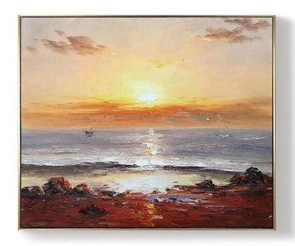 Large Contemporary Art,Sunset Landscape Abstract Painting Gold Painting,Sea Painting On Canvas,Abstract Wall Art,Rich Texture Painting