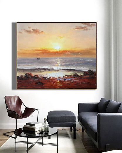 Large Contemporary Art,Sunset Landscape Abstract Painting Gold Painting,Sea Painting On Canvas,Abstract Wall Art,Rich Texture Painting