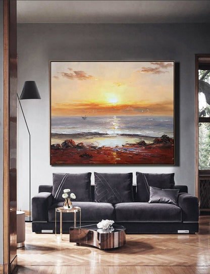Large Contemporary Art,Sunset Landscape Abstract Painting Gold Painting,Sea Painting On Canvas,Abstract Wall Art,Rich Texture Painting