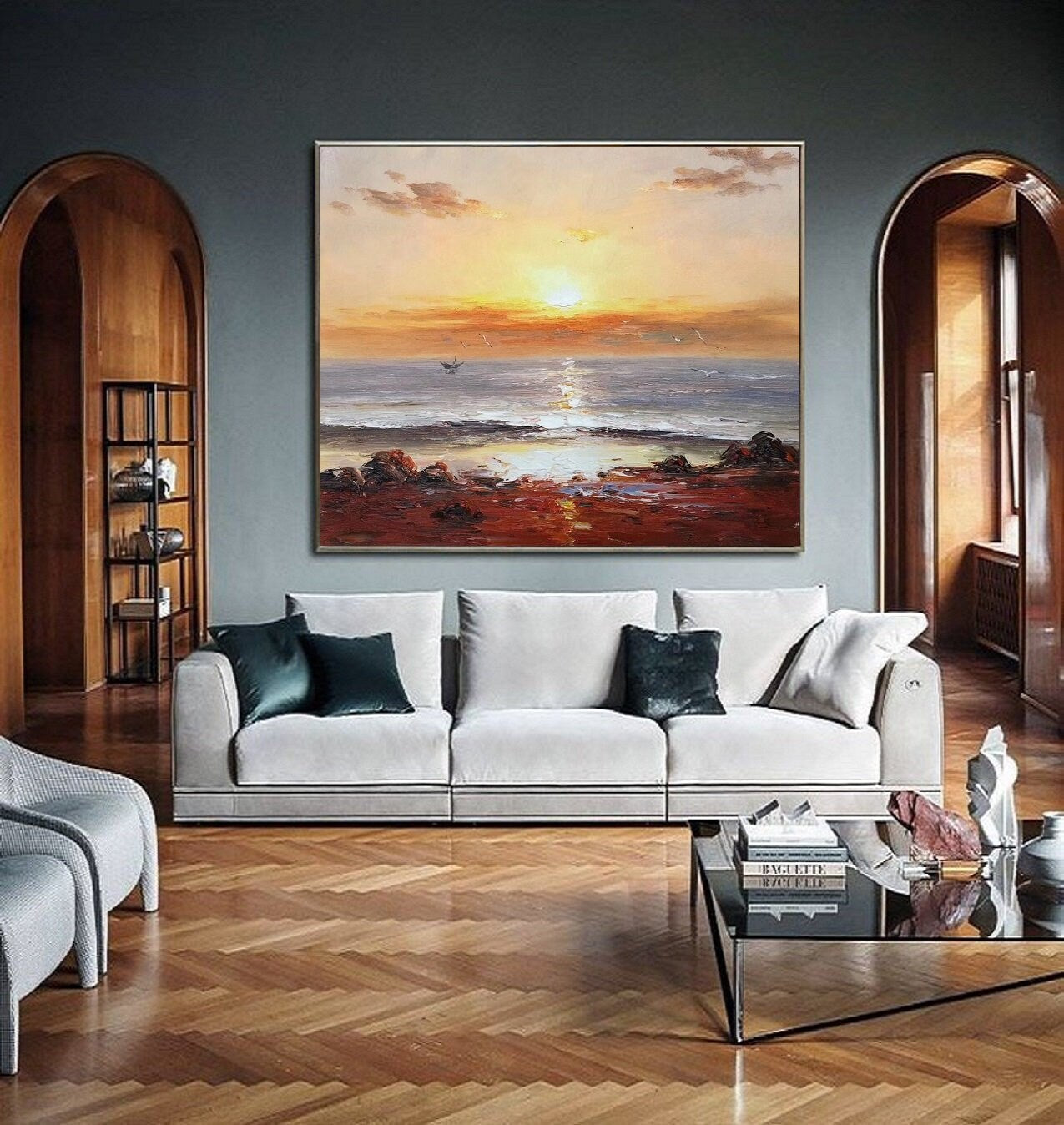 Large Contemporary Art,Sunset Landscape Abstract Painting Gold Painting,Sea Painting On Canvas,Abstract Wall Art,Rich Texture Painting