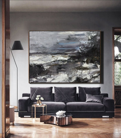 Large Black White Abstract Painting, Texture Abstract Painting, Large Minimalist abstract Painting, Large Canvas Art, Extra large wall art