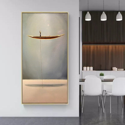 An abstract painting of a floating canoe,Abstract oil painting artwork Sailboat painting Wooden tall ship,Sky art oil painting Boat painting