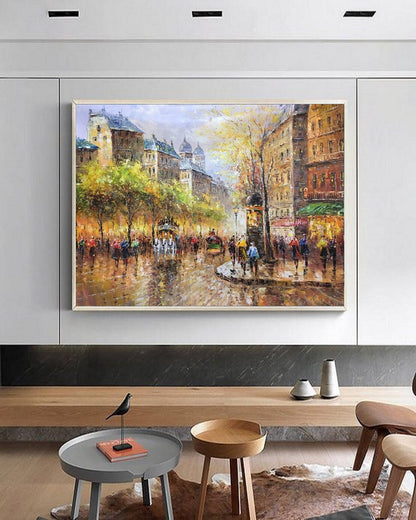 People walking in the bustling streets of Paris,Large wall art Paris City Landscape oil painting on Canvas,Original Paris city art painting
