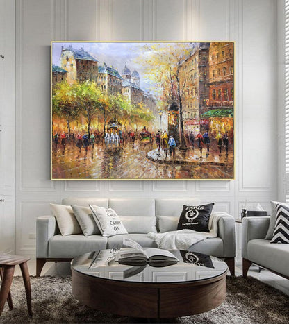 Large wall art Paris City Landscape oil painting on Canvas,Original Paris city art painting, People walking in the bustling streets of Paris