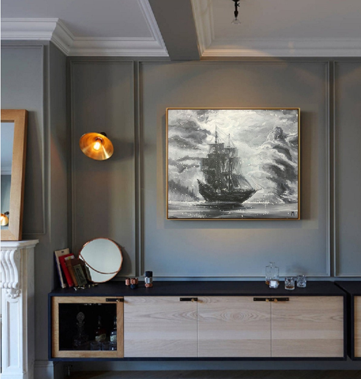 Original Extra large Sailing picture, Black White Abstract Painting, Large Wall Art Sailing painting, Nautical landscape Abstract painting